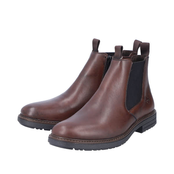 Rieker 33180-26 men's brown leather side zip ankle boots with a sleek design and slip-on style.