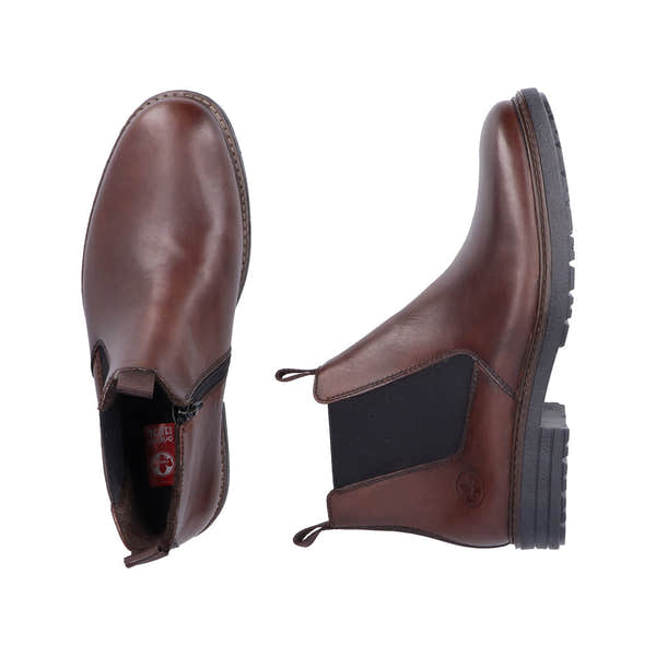 Rieker 33180-26 men's brown leather ankle boots with side zippers and rugged black rubber soles.