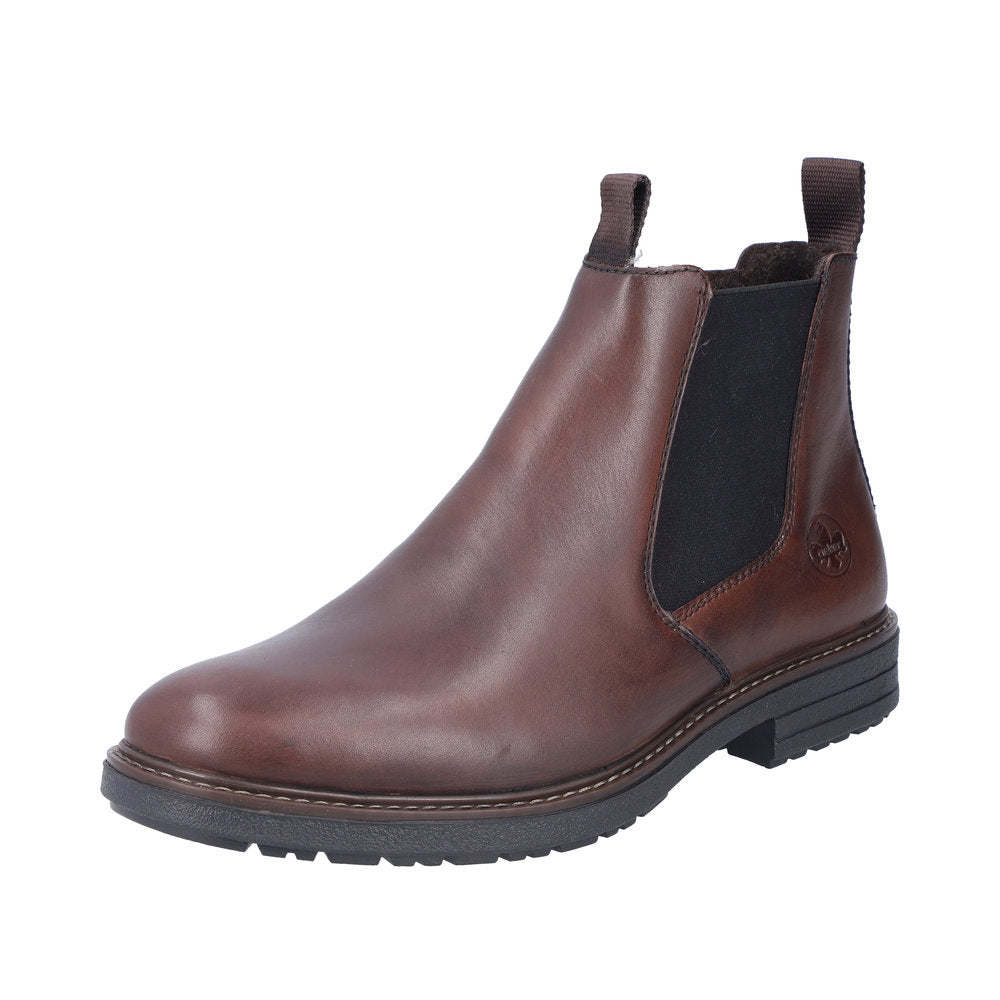 Rieker 33180-26 men's brown leather ankle boots with side zipper and pull tabs, slip-on style, and durable rubber sole.