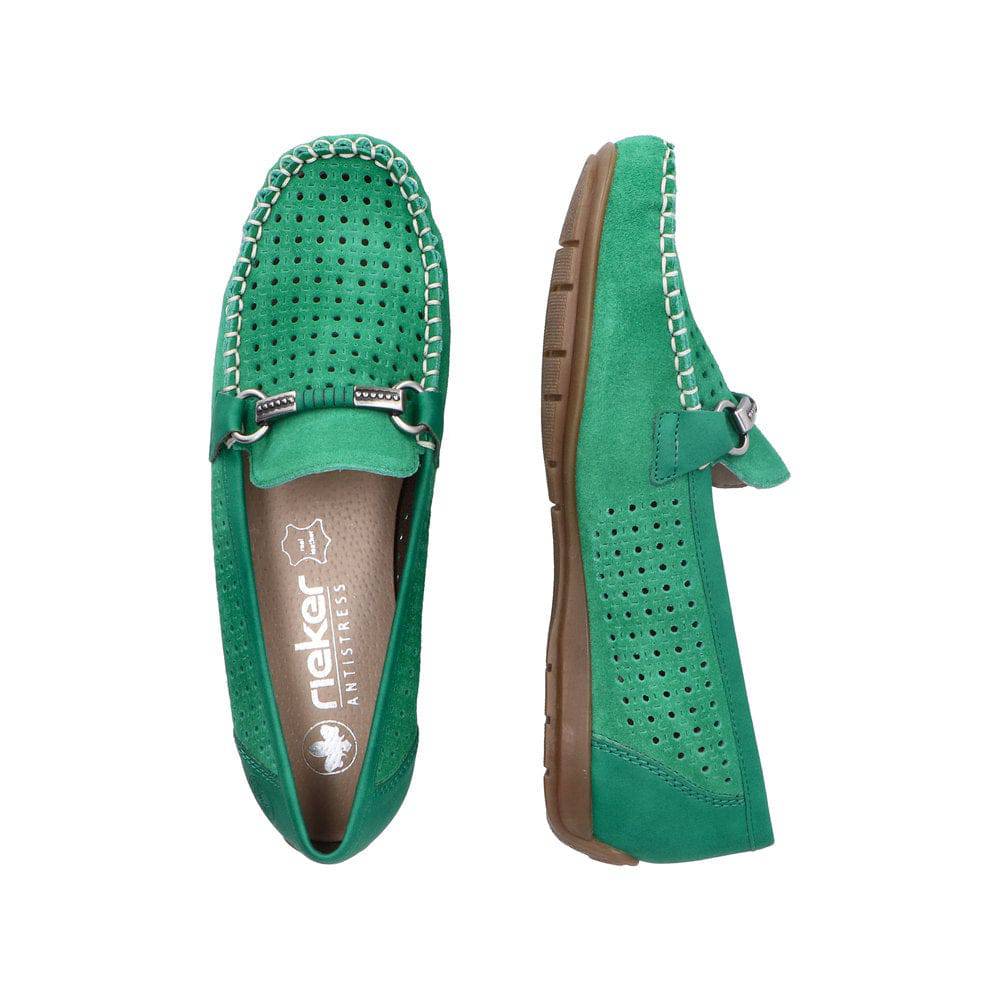 Rieker 40253-54 Ladies Green Leather Slip On Loafers-elevate your sole