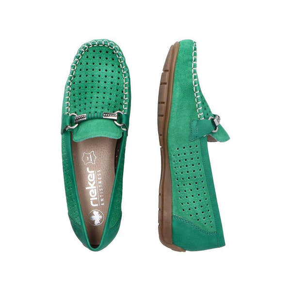 Rieker 40253-54 Ladies Green Leather Slip On Loafers-elevate your sole