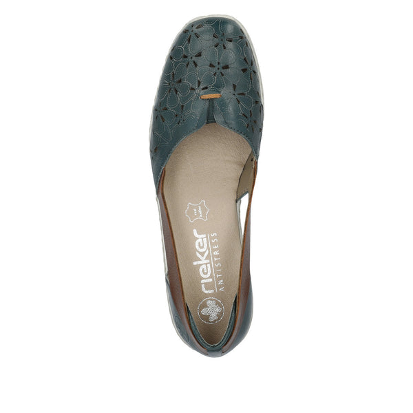 Rieker 41356-13 Ladies Blue Leather Slip On Loafers-elevate your sole