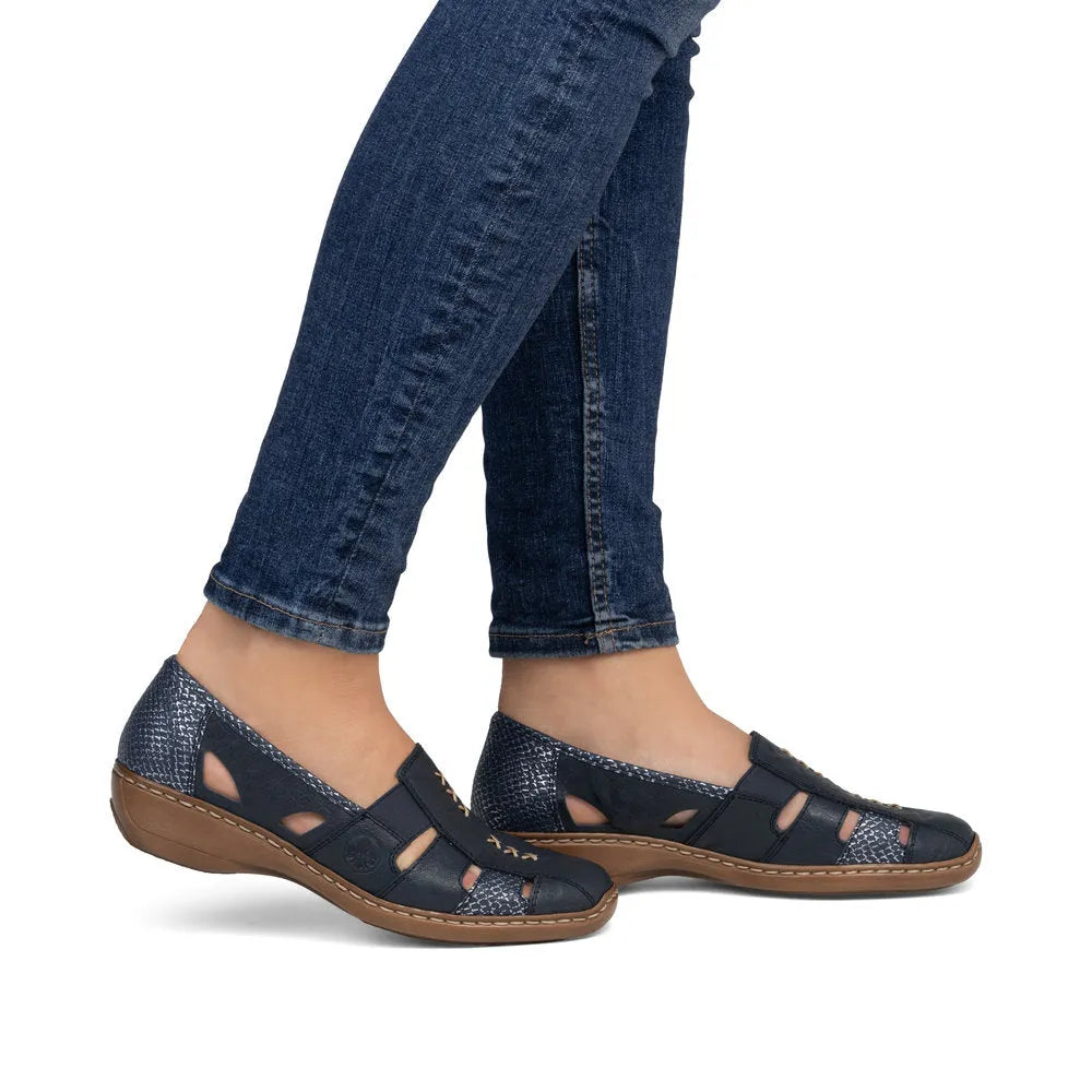Rieker 41385-15 Ladies Pacific/Royal leather slip-on shoes with cutout design and padded sole, stylish and comfortable for women.