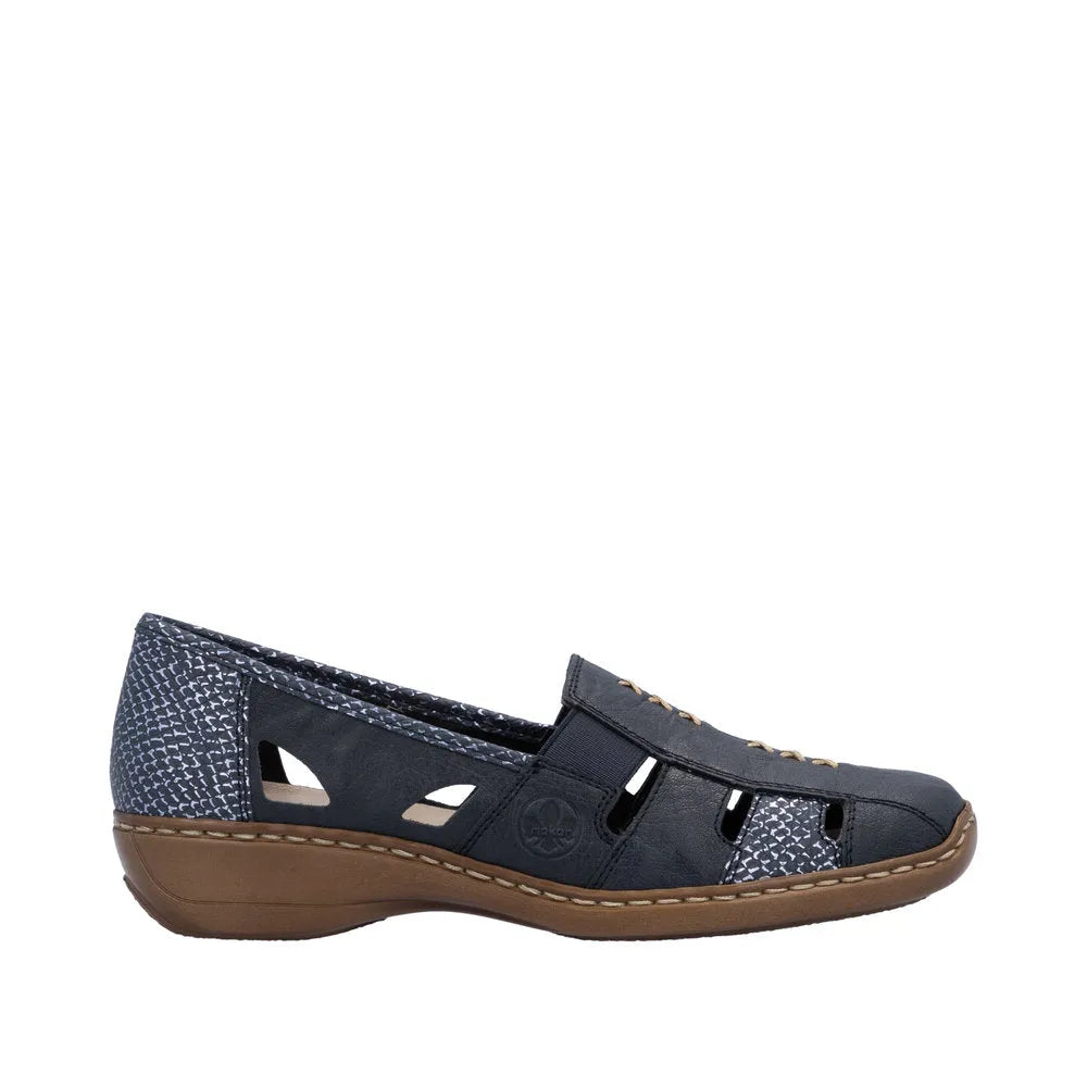 Rieker 41385-15 women's slip-on shoes in Pacific/Royal leather with cutout details and a brown flexible sole.