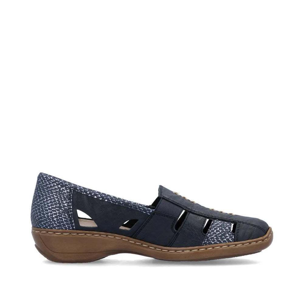 Rieker 41385-15 women's slip-on shoes in navy leather with blue and white patterned accents, cushioned sole, and casual design.
