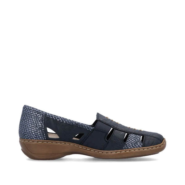 Rieker 41385-15 women's slip-on shoes in navy leather with blue and white patterned accents, cushioned sole, and casual design.