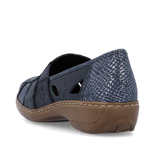 Rieker 41385-15 women's slip-on shoes in navy leather with patterned heel, comfortable low heel, and casual design.
