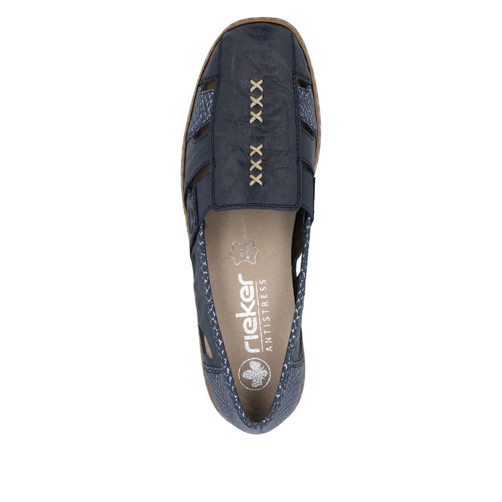 Rieker 41385-15 ladies blue and navy leather slip-on shoes with cutouts and lace-up detail, ideal for casual wear.