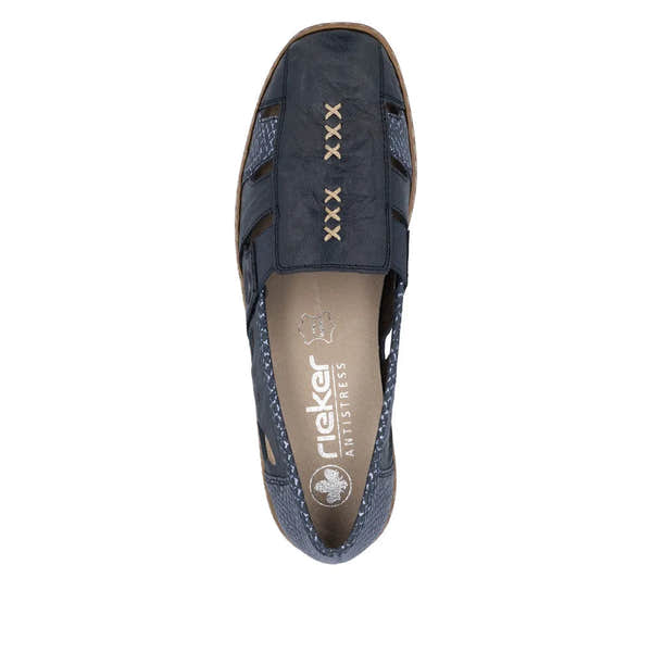 Rieker 41385-15 ladies blue and navy leather slip-on shoes with cutouts and lace-up detail, ideal for casual wear.