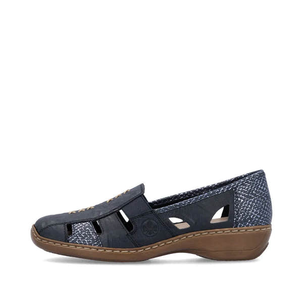 Rieker 41385-15 women's slip-on shoes in Pacific/Royal leather with cutout design and comfortable brown sole.