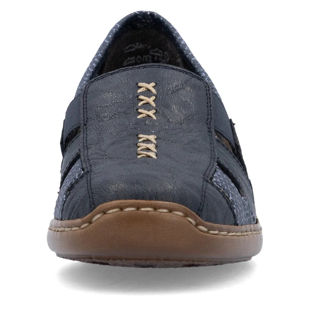 Rieker 41385-15 women's navy/royal leather slip-on shoes with lace-up style and cushioned sole.