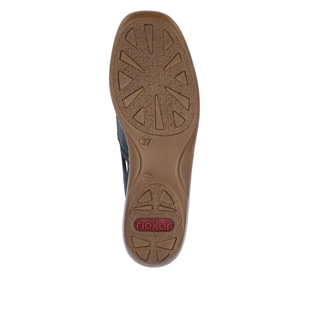 Rieker 41385-15 women's slip-on leather shoes in pacific/royal color with textured sole and slip-resistant tread pattern.
