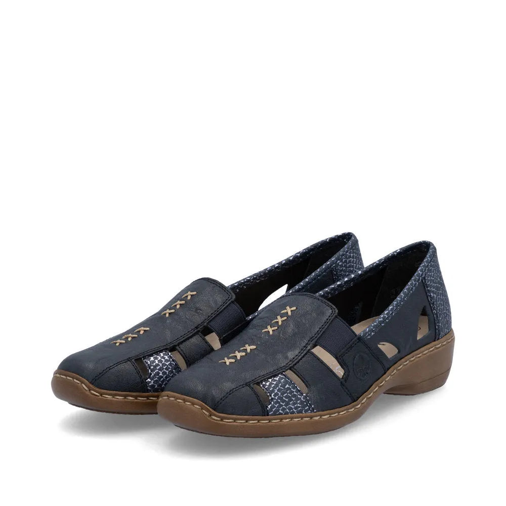 Rieker 41385-15 Ladies slip-on shoes in navy/royal leather with cut-out details and elastic side panels, low heel, comfortable design.