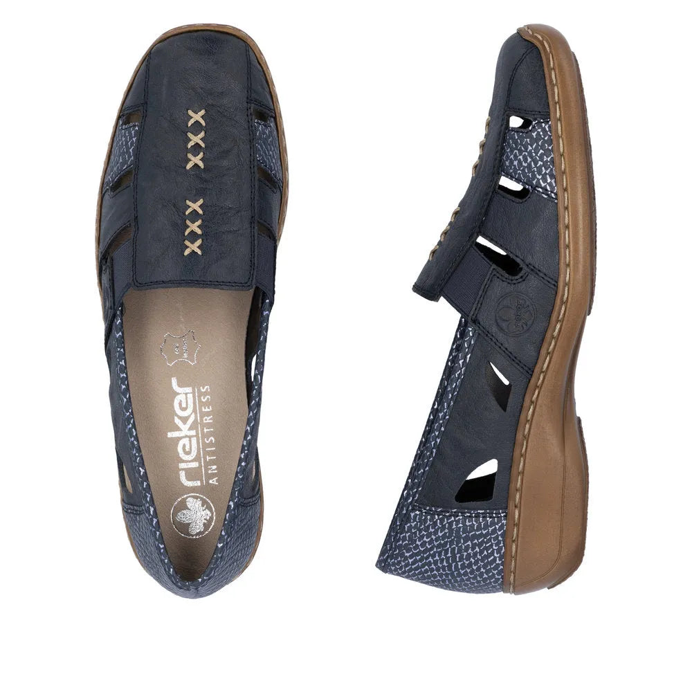 Rieker 41385-15 women's navy and brown leather slip-on shoes with cutout design and elastic sides, featuring anti-stress cushioning.