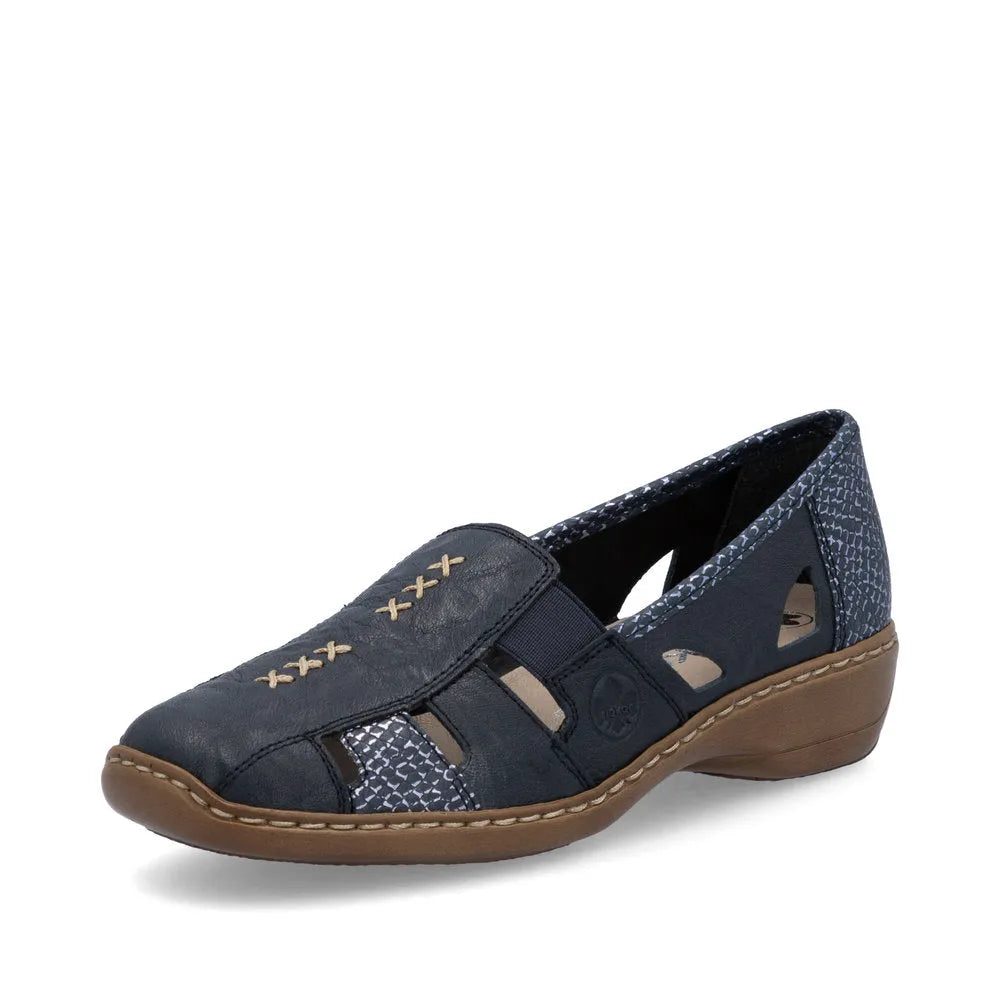 Rieker 41385-15 Ladies navy and royal leather slip-on shoes with cutout details, cushioned sole, and low heel for comfort.