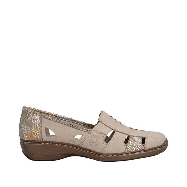 Rieker 41385-63 beige leather ladies' slip-on shoes with elastic sides and decorative cutouts, lightweight and comfortable.