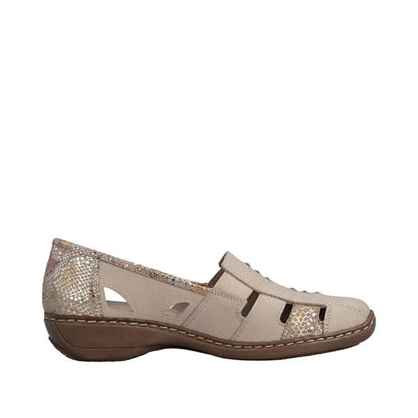 Rieker 41385-63 beige leather ladies' slip-on shoes with elastic sides and glitter accents, cushioned sole, and low wedge heel.