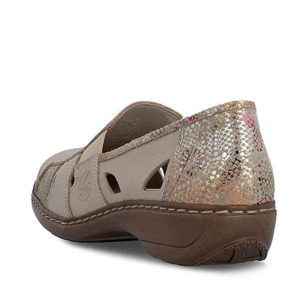 Rieker 41385-63 beige leather ladies slip-on shoes with elastic sides and holographic patterned heel, flat sole, and openwork design.