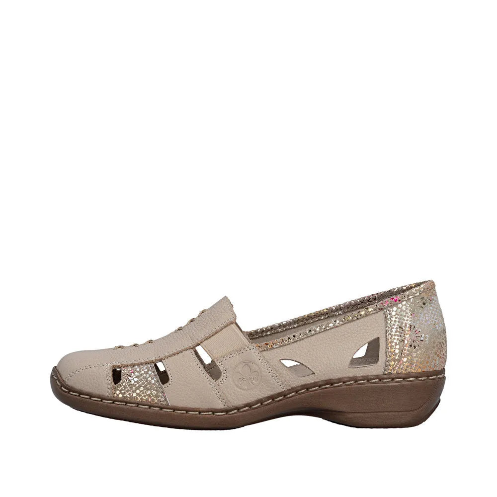 Beige leather ladies' slip-on shoes with elastic sides, cutout details, and holographic accents, low heel, and stitched sole.