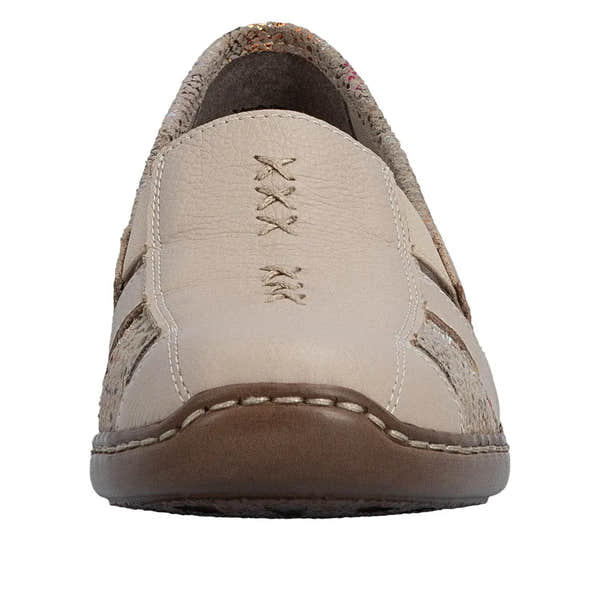 Beige leather slip-on shoes with elasticated sides, stylish stitching, and a flat sole.