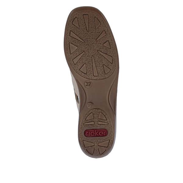 Beige leather slip-on shoes with elastic sides, textured sole, and Rieker branding on the sole.