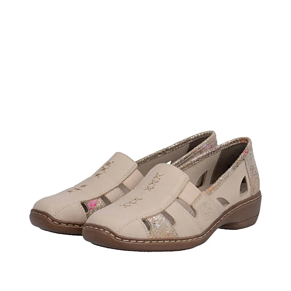 Beige leather elasticated women's shoes with cut-out details, glitter accents, and a low heel.