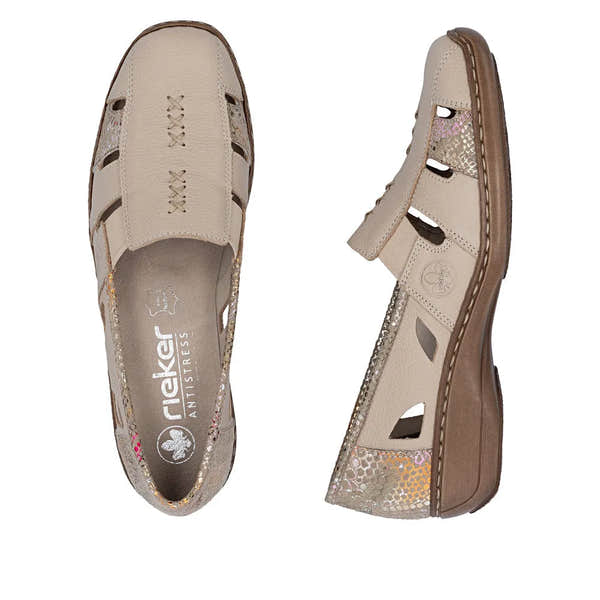 Beige leather women's shoes with elastic sides, cutout details, decorative perforations, and a brown sole.