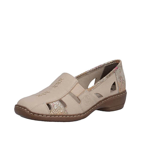 Rieker 41385-63 beige leather ladies' shoe with cutouts, elasticated strap, floral pattern detail, and low heel.