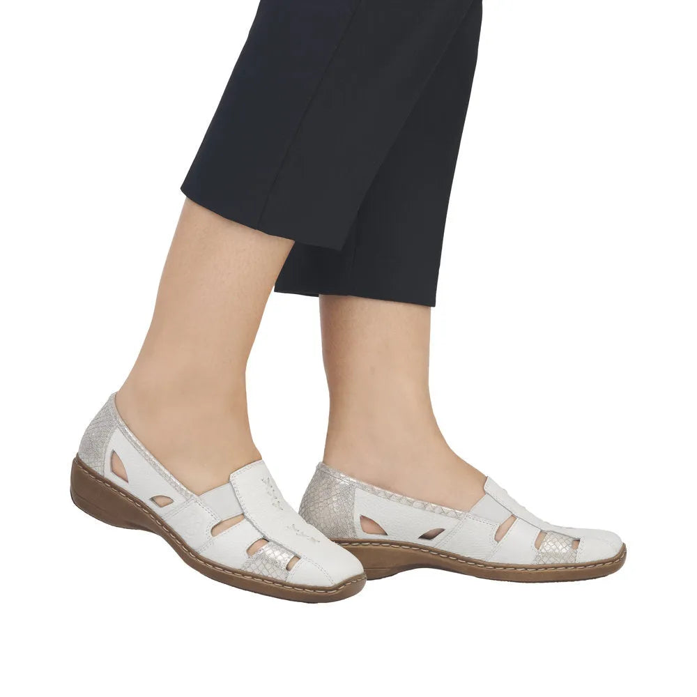 Rieker 41385-80 Ladies White/Silver Leather Slip On Loafers-elevate your sole