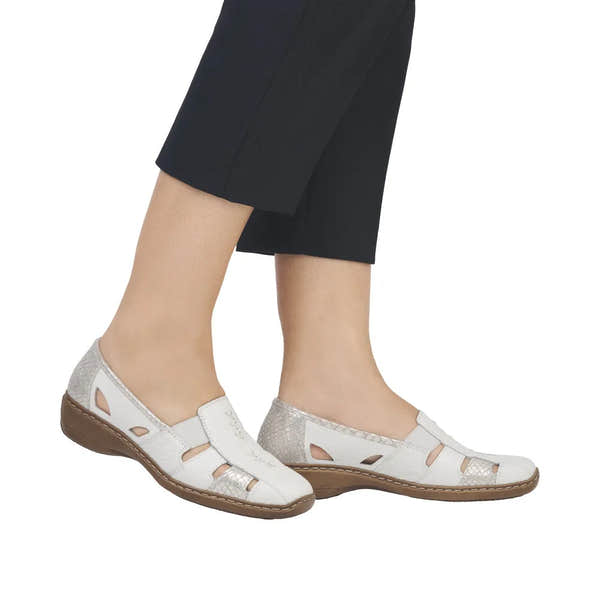 Rieker 41385-80 Ladies White/Silver Leather Slip On Loafers-elevate your sole