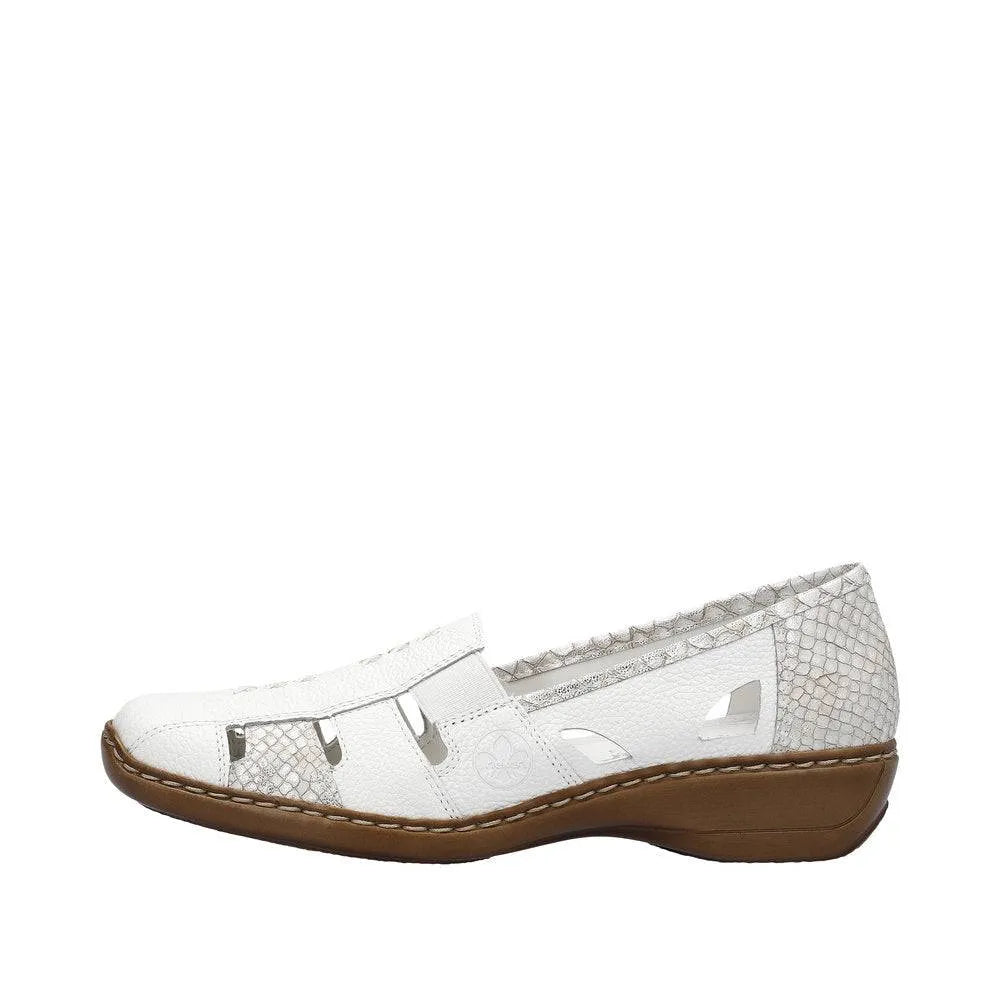 Rieker 41385-80 Ladies White/Silver Leather Slip On Loafers-elevate your sole