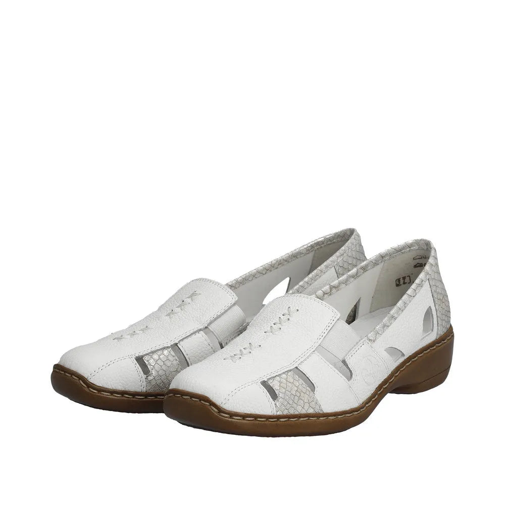 Rieker 41385-80 Ladies White/Silver Leather Slip On Loafers-elevate your sole