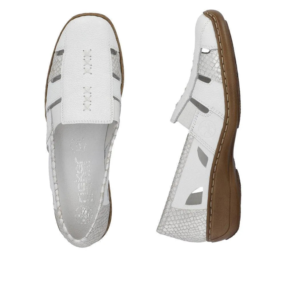 Rieker 41385-80 Ladies White/Silver Leather Slip On Loafers-elevate your sole