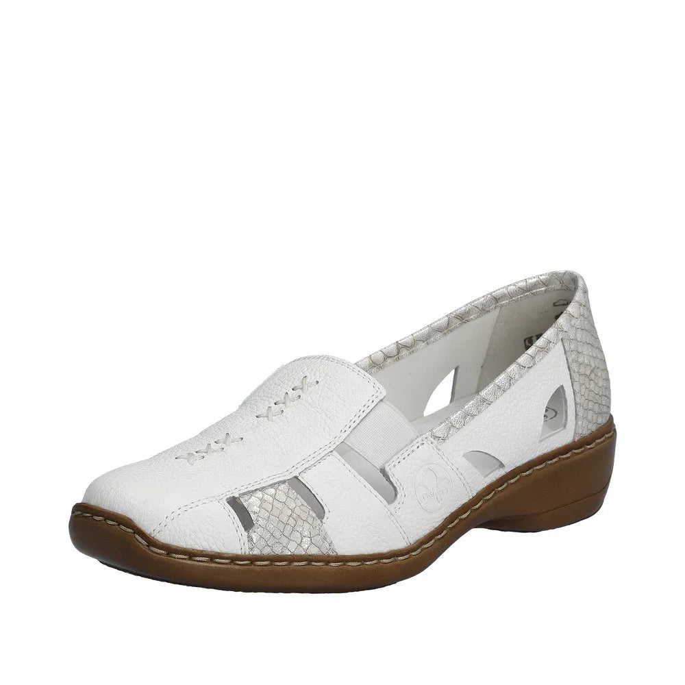 Rieker 41385-80 Ladies White/Silver Leather Slip On Loafers-elevate your sole