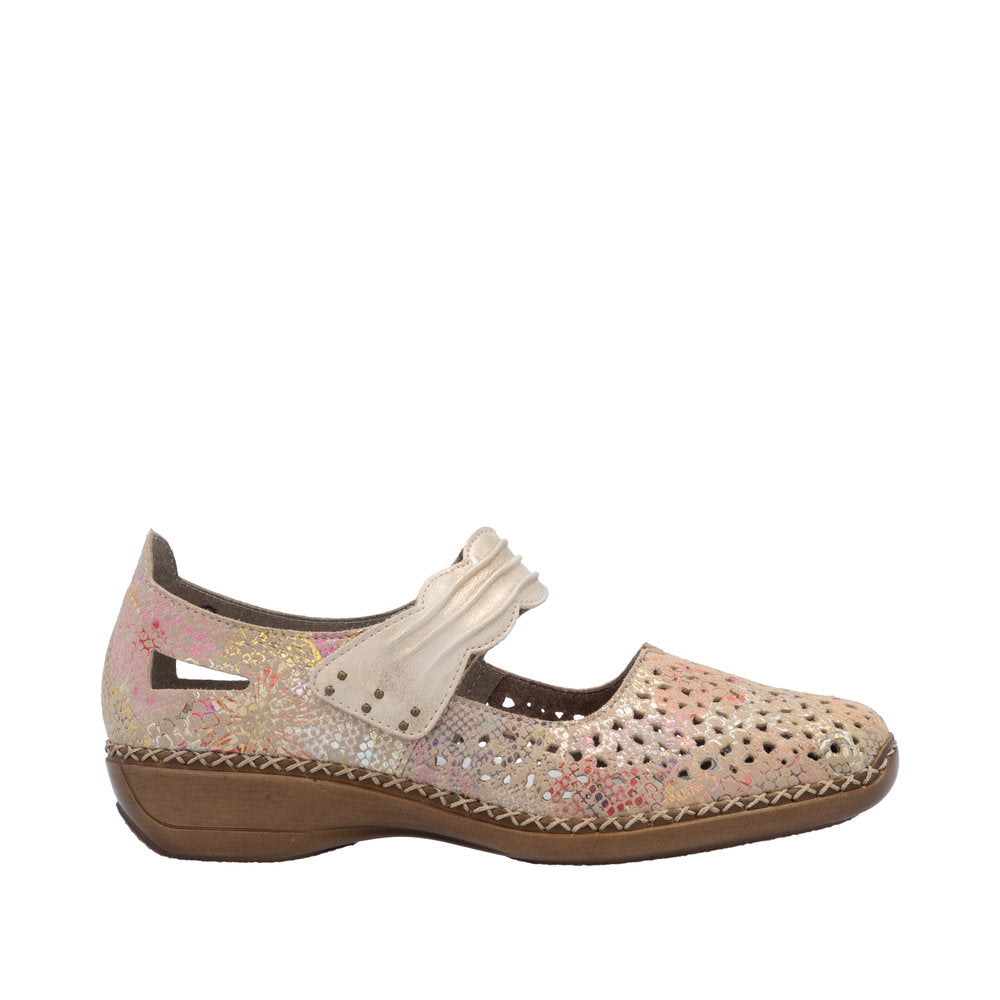 Rieker 41399-92 women's beige multi leather touch fastening shoes with perforated design and low wedge heel.