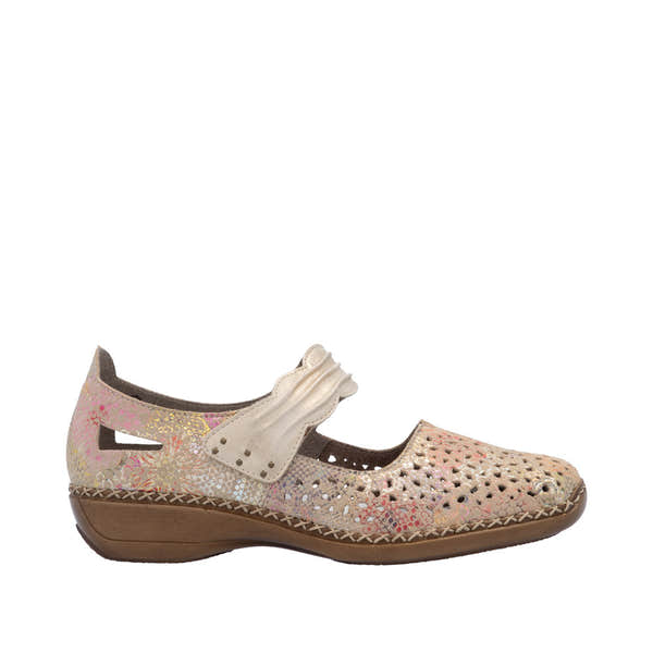 Rieker 41399-92 women's beige multi leather touch fastening shoes with perforated design and low wedge heel.
