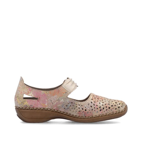 Rieker 41399-92 beige multi leather women's touch-fastening shoes with perforated design and low wedge heel.