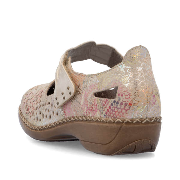 Rieker 41399-92 beige multi leather women's touch fastening shoes with comfortable wedge heel.