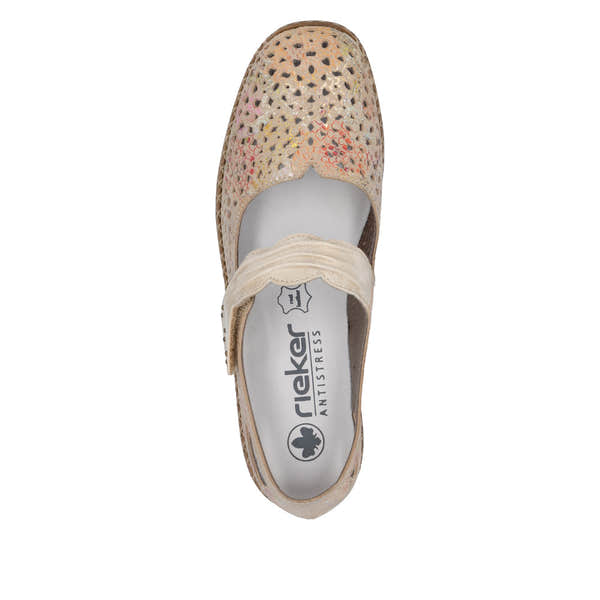 Rieker 41399-92 women's beige multi leather touch fastening shoes with perforated design and cushioned insole.