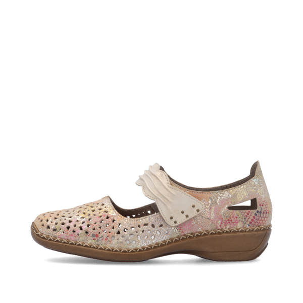 Rieker 41399-92 ladies beige multi leather touch fastening shoes with perforated design and low wedge heel.