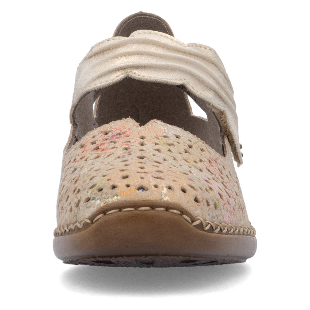 Rieker 41399-92 women's beige multi leather touch fastening shoes with perforated upper and comfortable sole.