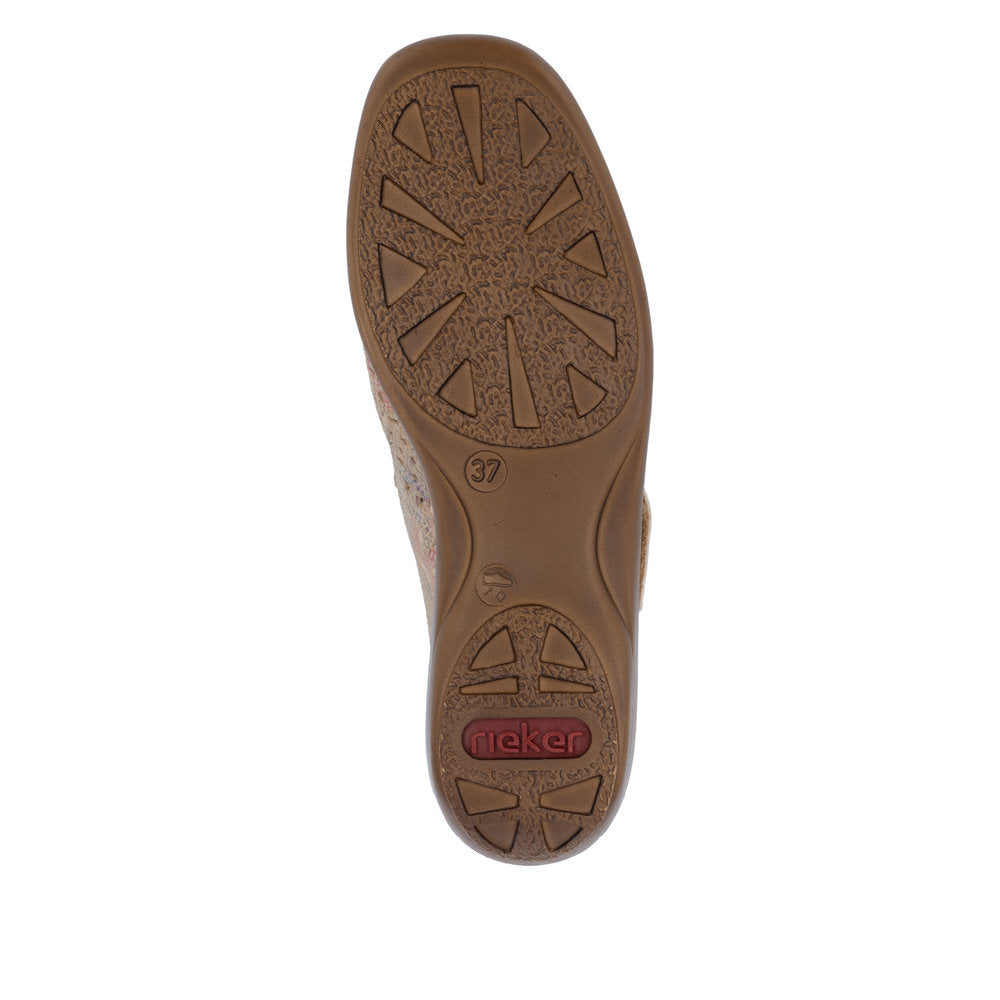 Rieker 41399-92 beige multi leather ladies shoes with touch fastening, slip-on, cushioned sole, size 37, stylish and comfortable footwear.