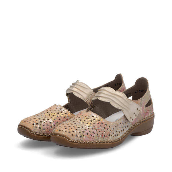 Rieker 41399-92 women's beige multi leather shoes with touch-fastening straps and perforated design, featuring low wedge heel.