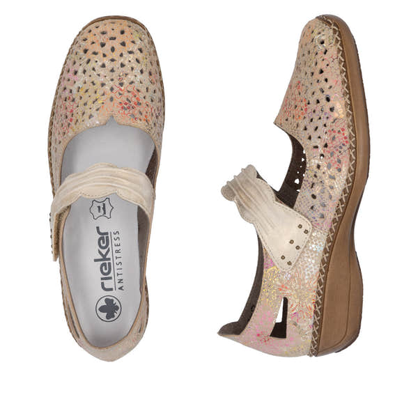 Rieker 41399-92 beige multi leather girls' touch fastenings shoes with perforated design and cushioned insoles.