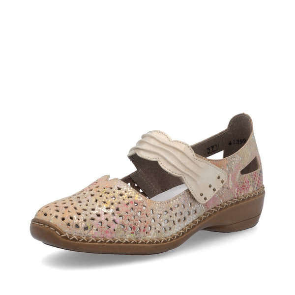 Rieker 41399-92 beige multi leather ladies touch fastening shoes with perforated design and low heel.