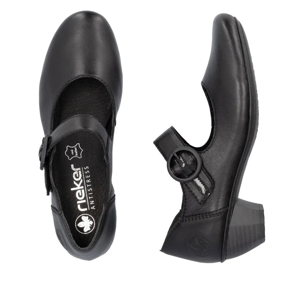 Rieker 41756-00 Ladies Black Leather Buckle Heels-elevate your sole