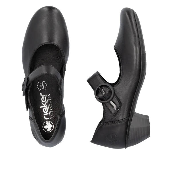 Rieker 41756-00 Ladies Black Leather Buckle Heels-elevate your sole