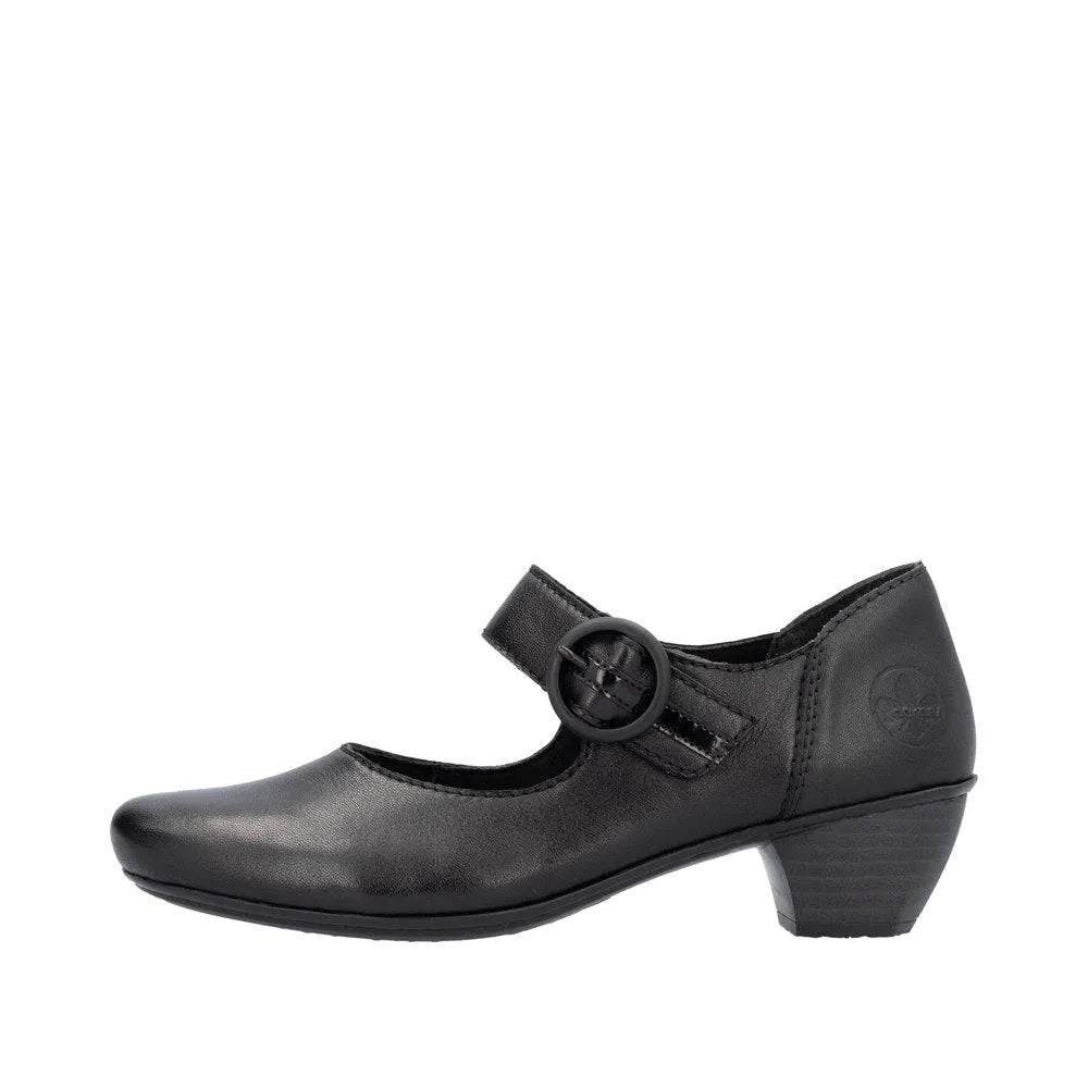 Rieker 41756-00 Ladies Black Leather Buckle Heels-elevate your sole