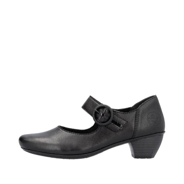Rieker 41756-00 Ladies Black Leather Buckle Heels-elevate your sole