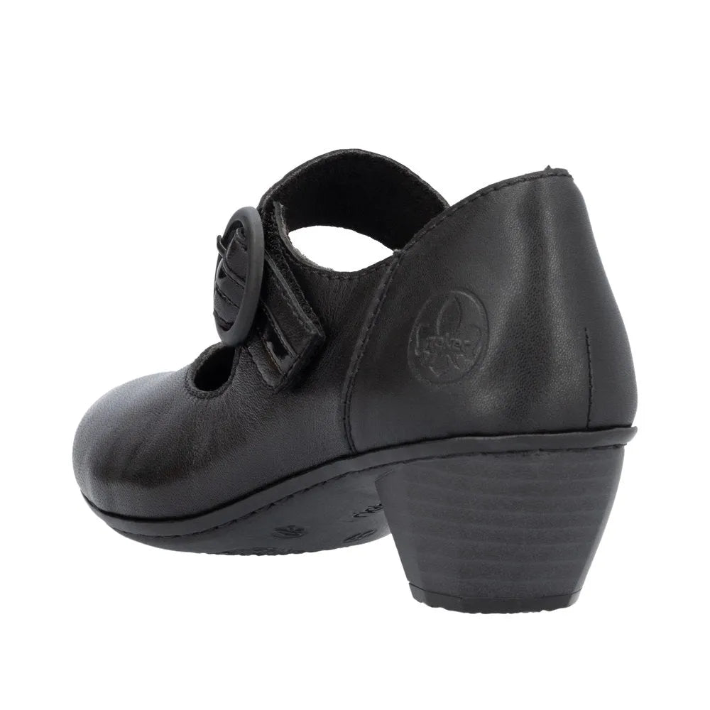 Rieker 41756-00 Ladies Black Leather Buckle Heels-elevate your sole